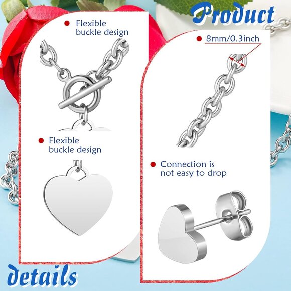 3 Pcs Heart Jewelry Set Heart Pendant Chain Toggle Necklace with Bracelet Earrin - Picture 5 of 7